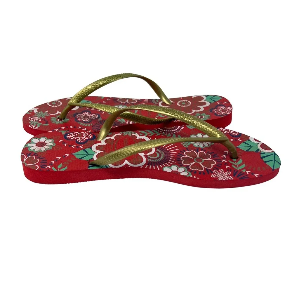 Havaianas Slim Flip Flops Women's US 6 EU 39/40 Red Floral‎ Gold Straps